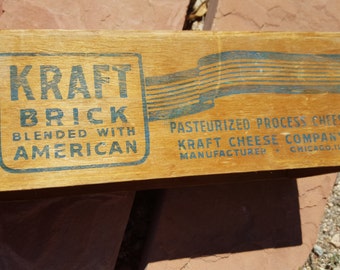 Vintage wooden crate Kraft cheese 5 lb block open box printed blue on wood grain decor storage old school find government cheese