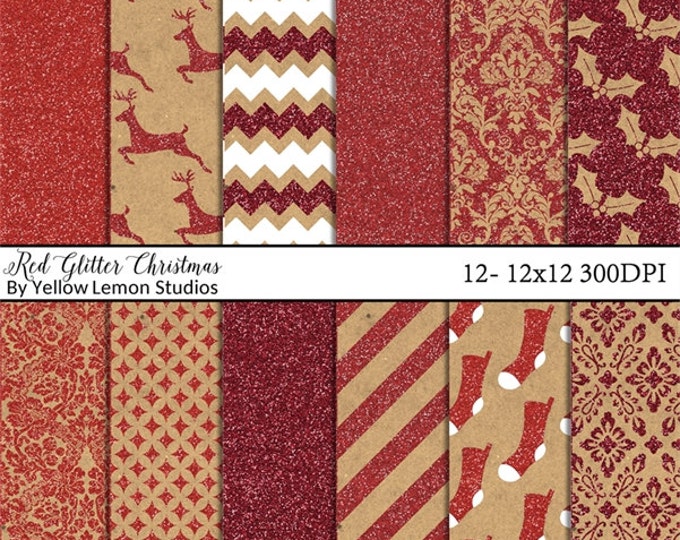 Red digital paper: "RED GLITTER" with stripes, deer, glitter, damask, chevron, stocking, holly berry, shades of red, pillow, Christmas