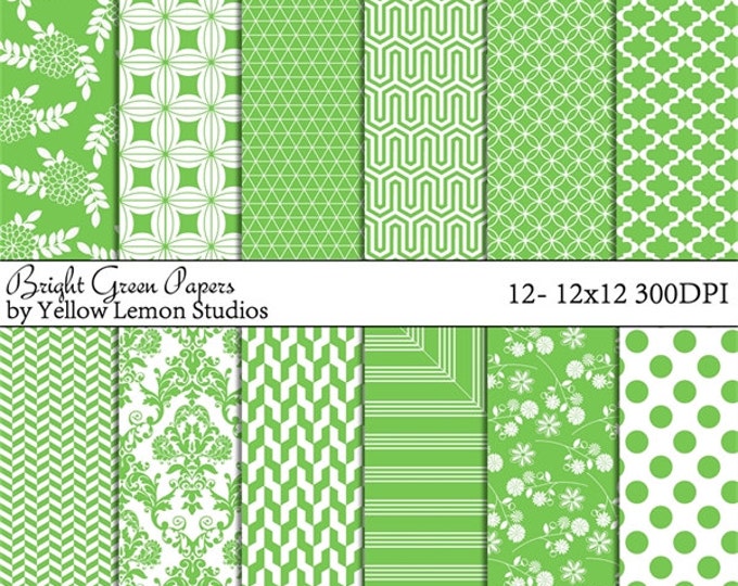 Green digital paper: "KELLY GREEN WEDDING" Vintage paper, flowers, green, polka dots, flowers, Greek, stripes, mosaic tile, teal, green blue