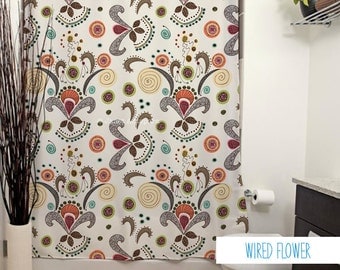 Wired Flower Pattern Shower Curtain. Floral Shower Curtain, White Decor, Bathroom Decor, Curtain, Fleur de Lis, Pattern, Cream, Bright