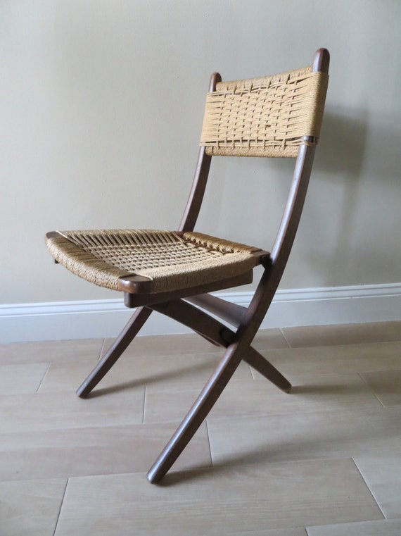 Mid Century Modern Woven Rope Folding Wood Chair Hans Wegner