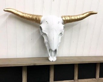 Boho/Cow Skull/Longhorn Skull/Steer Skull/Skull/Faux Cow Skull/Painted Skull/Cow Skulls/Bohemian/Bull Skull/Boho/With Gold/SSLID0163/Western