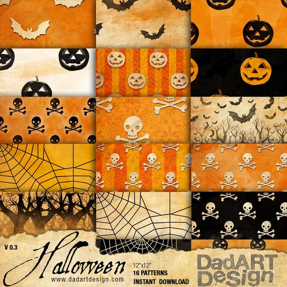 Vintage Halloween Patterns Digital Paper Pack 16 sheets - V03