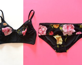 Women lingerie set Rose, floral sheer mesh, soft bra, no wire bra, longline bralette, low waist pantie, made to order in Montréal