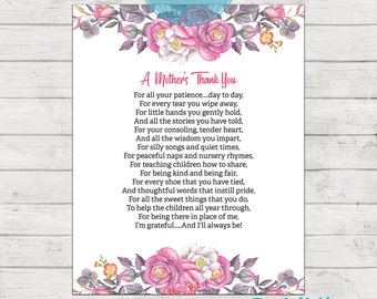 Teacher Appreciation Print - End of Year Teachers Gift - Childcare Teachers Gift - Instant Download Digital File - A Mothers Thank You!