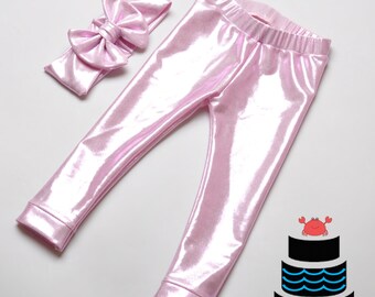 Metallic Baby Pink Leggings and Headband set Baby/Toddlers/Girls. Dance leggings. Gymnastics wear. Bow Headband.