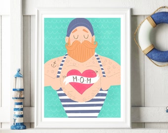 Sailor Print, Sailor Art, Nautical Print, Beard Art, Hipster Art, Hipster Decor, Hipster Wall Art, Hipster Gift, Art Print, 8x10, 11x14