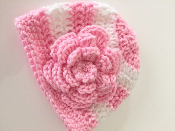 Baby Girl Crochet Hat Striped Baby Hat With Flower Pink and White Striped Baby Crochet Hat