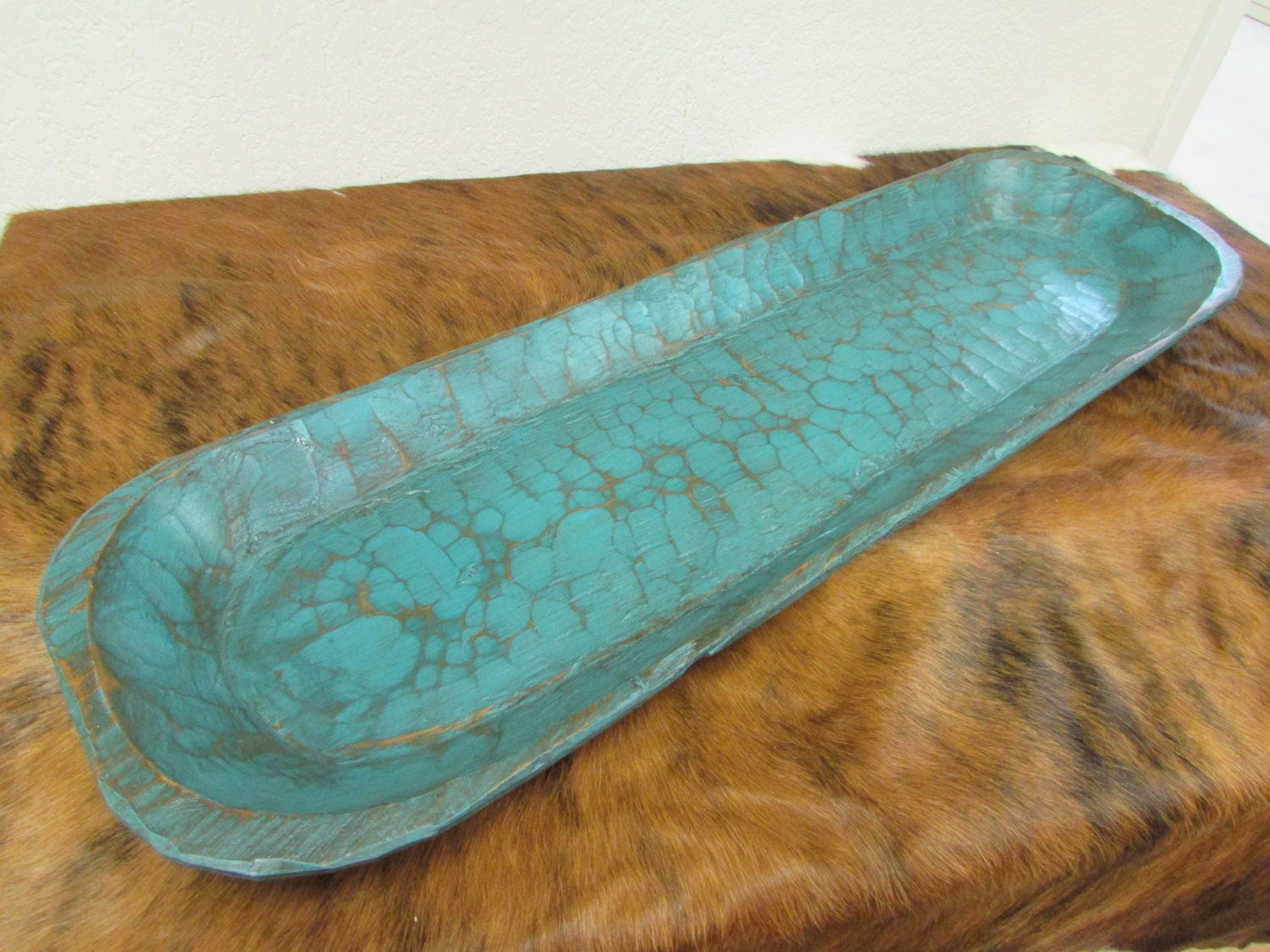 Extra Long Turquoise Rustic Wooden Dough Bowl 5Batea