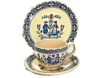 Tea Cup Ceramic Plate Trio #4 - Johnson Bros Old Granite, Hearts and Flowers - Vintage China, English Tea Set, Ironstone Ceramic and Pottery