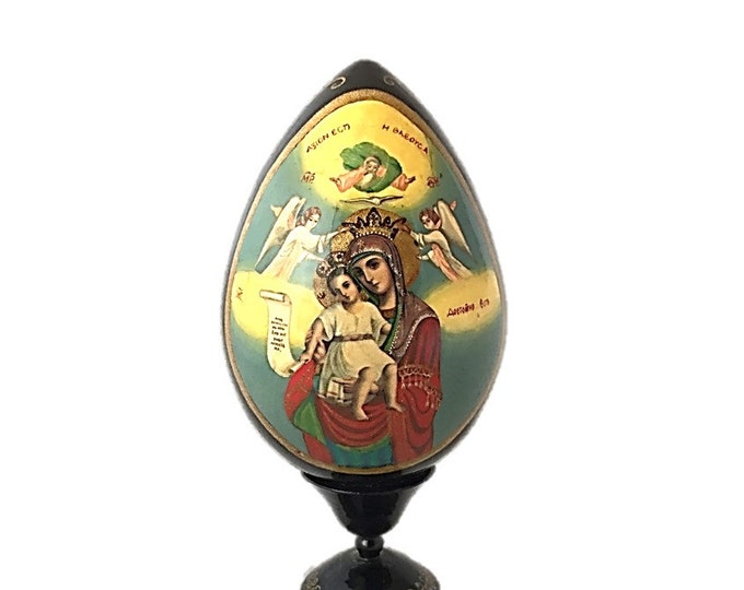 Russian Lacquer Egg~Madonna & Child~Hand Decorated Black Lacquer Wooden Egg~Religious Icon Art~ Russian Folk Art~Hand Painted Madonna~Cross