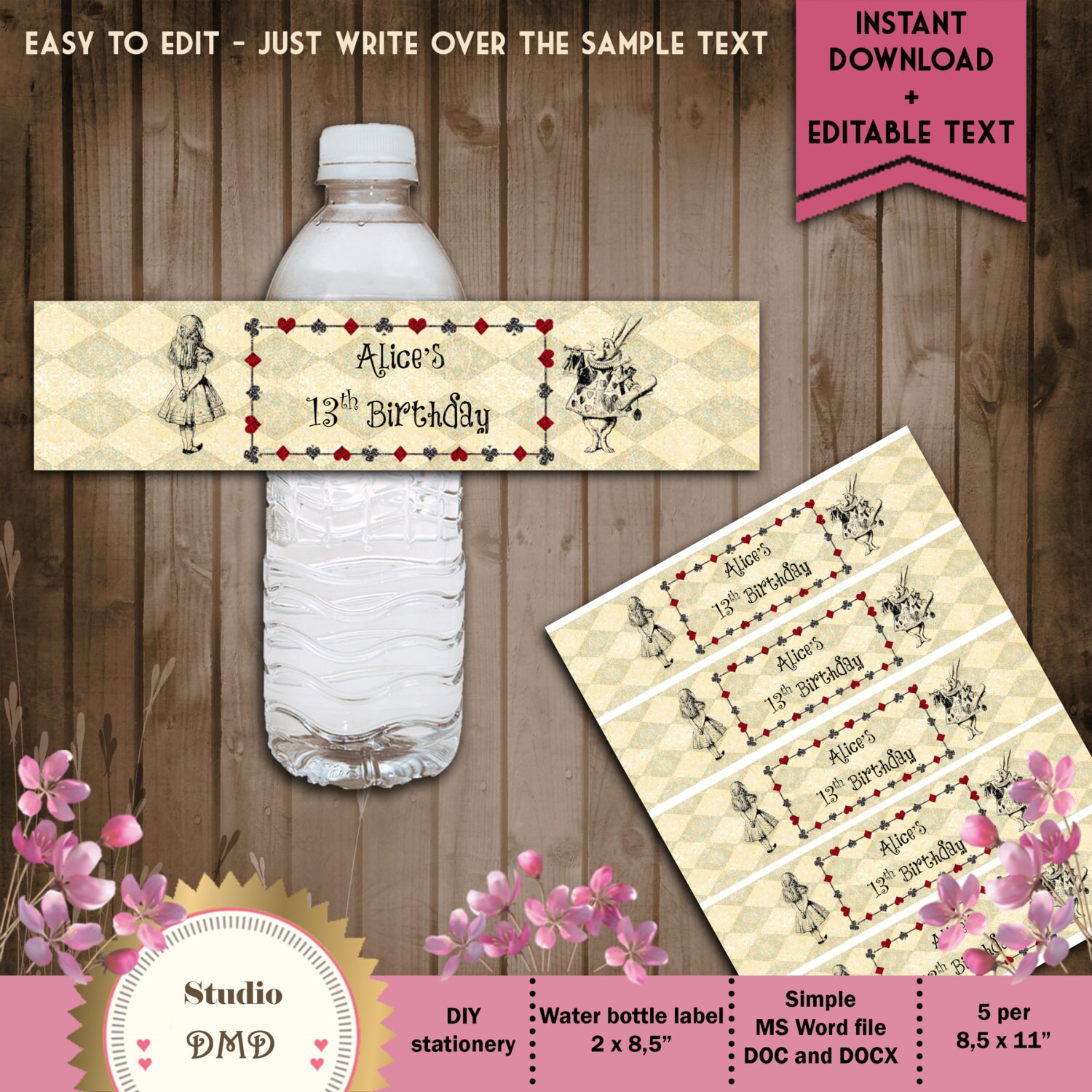 Alice in Wonderland Water Bottle label Digital File