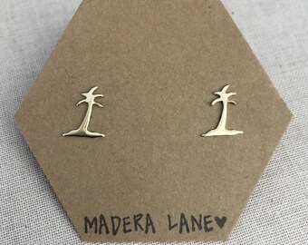 Tiny Palm Tree Stud Earrings in Gold. Sterling Silver Posts. Summer Earrings. Tropical Earrings. Beach Jewelry.