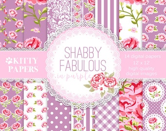 Floral digital paper : "Shabby Fabulous in Purple" purple digital paper, purple floral paper, purple wedding paper, pink roses, shabby chic