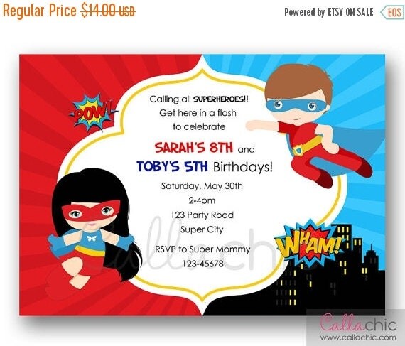 Superheroes Birthday Invitation Printable - Twin   Joint   Split Party 