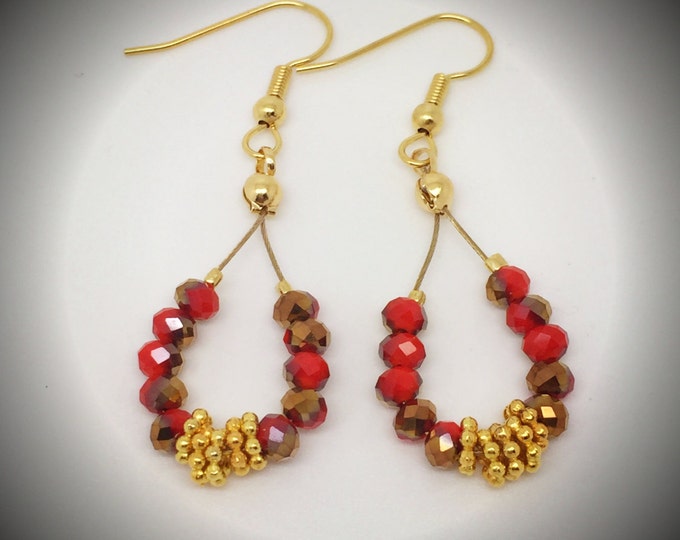 Red gold earrings, red drop earrings, bright red earrings, Red crystal earrings, red dangle