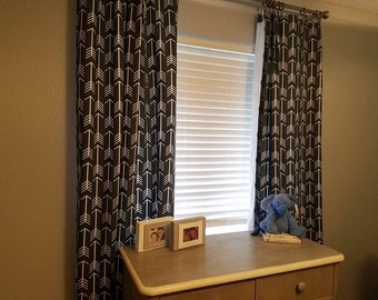Dark Gray lined floor length curtains with white arrows, Nursery curtains, Floor length drapes