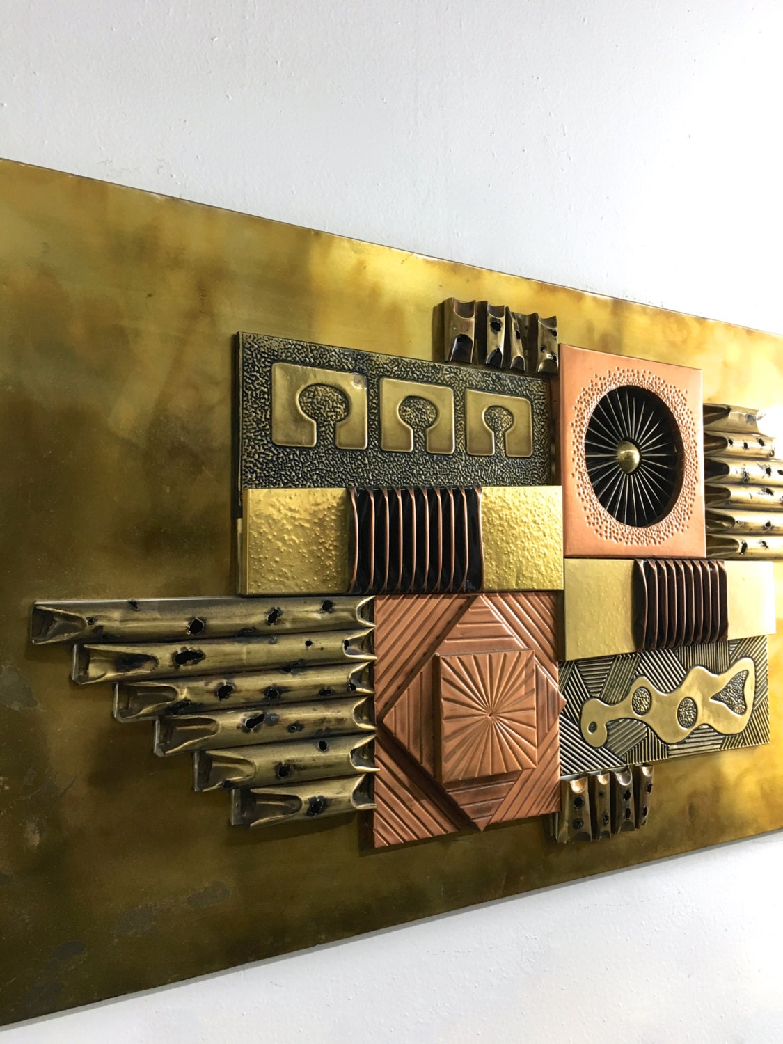 30x20 Vintage Mid Century Modern Brutalist Brass Metal Wall Relief