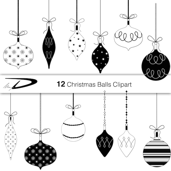 12 Christmas Balls Clip Art black and white christmas