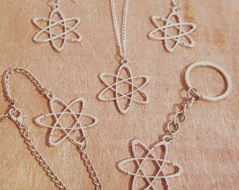 Atom Jewelry Collar Cardigan Brooch Pin Necklace Earrings Keychain Bracelet Anklet Keyring Magnet Bookmark Science Chemistry Big Bang Theory