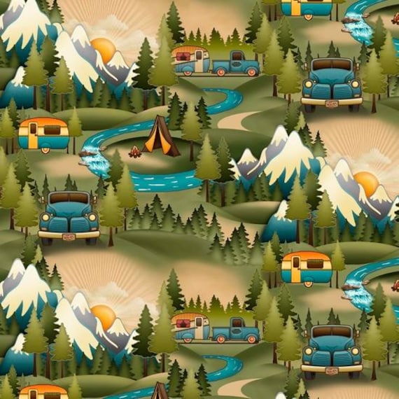 Outdoor Adventures Camping Scene cotton fabric by Quilting
