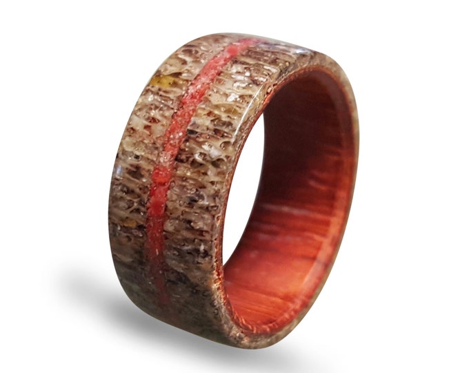 Padouk wood ring with Deer Antler and crushed Coral inlay, Wooden ring with Deer Antler
