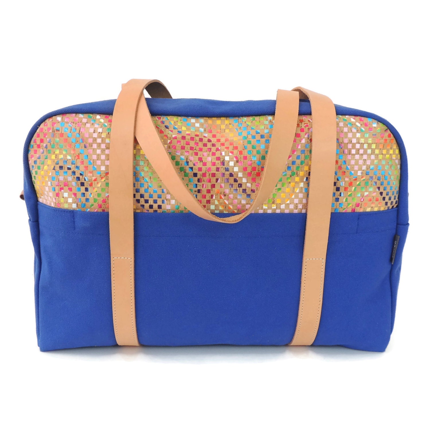 Small Weekender Bag Blue Canvas Duffle Bag Veg Tan by SpicerBags