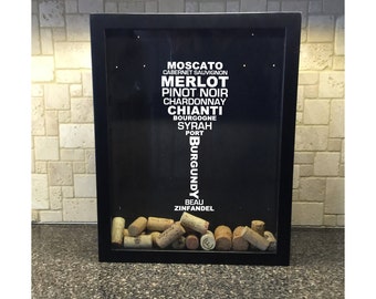 Wine Cork Holder Shadow Box - Wine Glass Typography - Types of Wine - (11" x 14") - Vinyl Decal Gifts for Her