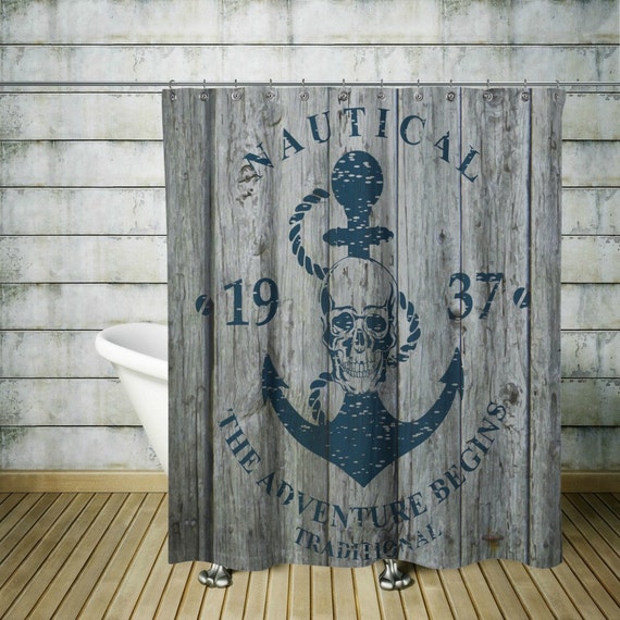 Nautical Shower CurtainFaux Wood Skull AdvertisingAnchor