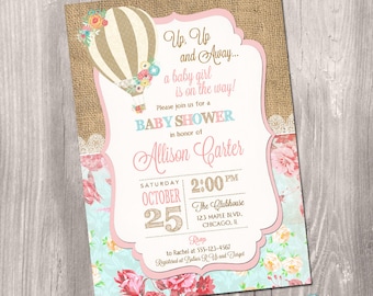Hot air balloon baby shower invitation, Up Up and Away baby shower invitation, girl baby shower invite, burlap digital, Printable Invitation