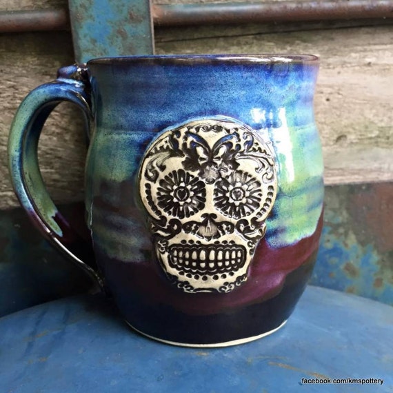 16 Ounce Sugar Skull Mug Aurora Borealis Wheelthrown