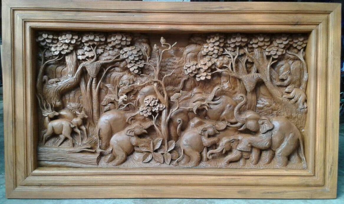 Medium carved teak wood wall art decor 3D panel with beautiful