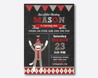 Sock Monkey Birthday Invitation, Monkey Invitation, Monkey Party Invitation, Red Monkey, Boy Invitation, Personalized, Chalkboard (CKB.112)