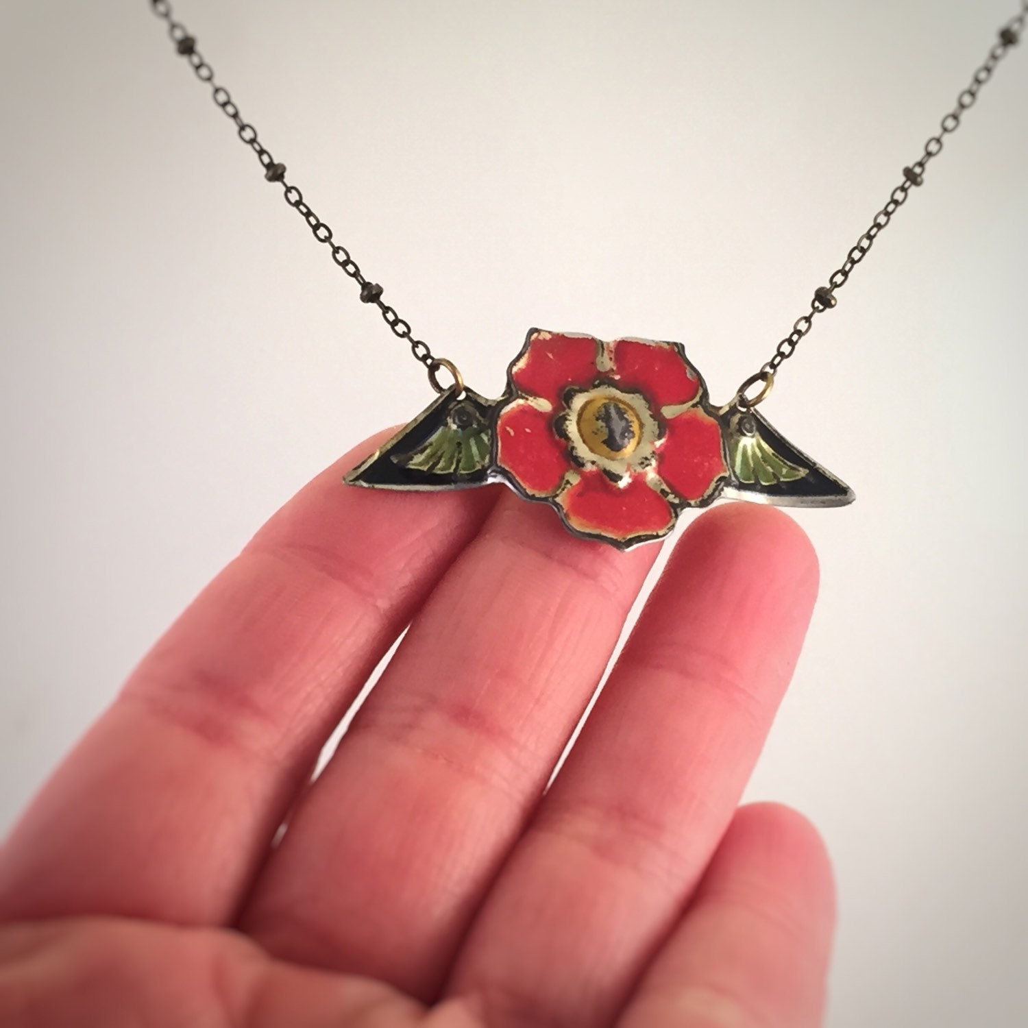 Vintage tin can jewelry cherry blossom flower necklace