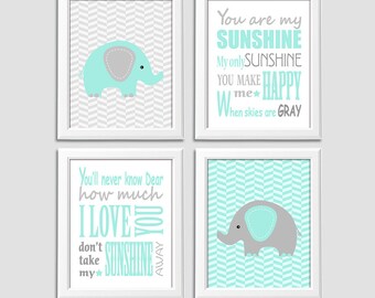 Light aqua and grey elephant nursery art print -UNFRAMED - baby boy wall art, typography, you are my sunshine, aqua, grey, elephant