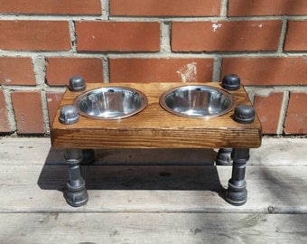 Rustic industrial pipe and wood pet feeder | rustic elevated dog bowl feeder | elevated pet feeding bowls
