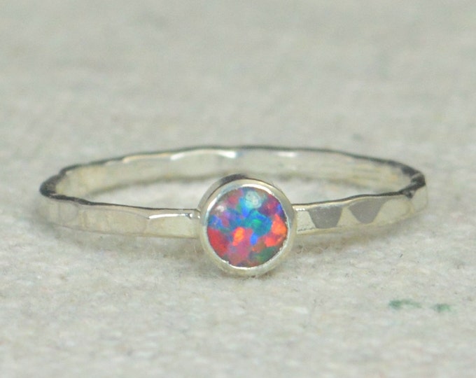 Small Silver Opal Ring, Multi-Color Sterling Opal Ring, Blue Opal Ring, Mothers Ring, Opal Jewelry, Stacking Ring, October Birthstone Ring