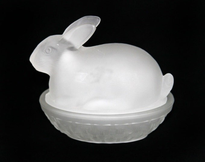 Storewide 25% Off SALE Adorable Vintage White Satin Glass Lidded Nesting Bunny Rabbit Trinket Bowl Featuring Etched Detailed Design