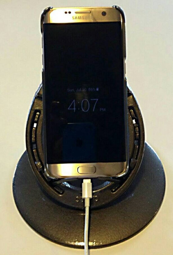 Horseshoe and nails desktop cell phone Holder. Built with cord