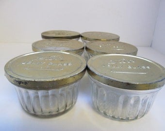 6 Vintage Kerr Jelly Jars with Flat Brass Colored Tin Lids