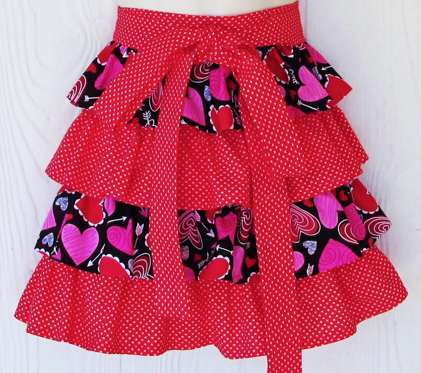 Valentine's Day Apron Ruffled Half Apron Hearts Red and