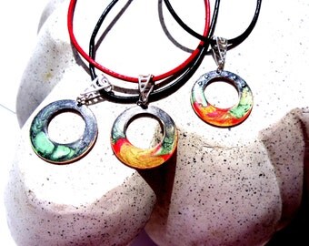Necklace - leather string – enamelled pendant