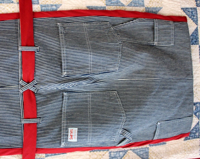 HALF PRICE ** Adult Upcycled Denim Overall Apron. Striped Denim Bib Overalls converted to Apron. Trimmed in Red. Belt Waist Tie
