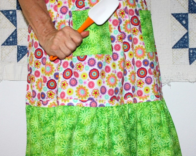 HALF PRICE ** Multi Color Mod Floral Half Apron. Lime Ruffle and Pockets on Boho Half Apron. Matching Girl's Apron Available