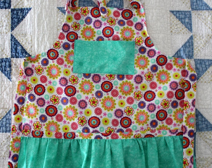 HALF PRICE ** Feminine Boho Adjustable Girls Apron. Multi Color Floral Apron with Turqouise Bib and Ruffle. Matching Larger Apron Available