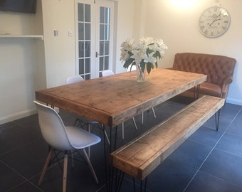 rustic table and bench with hairpin legs 2200 x 970mm finished in medium oak wax - Kitchen Table Sewing rustic table and bench with hairpin legs 2200 x 970mm finished in medium oak wax - Kitchen Table Sewing