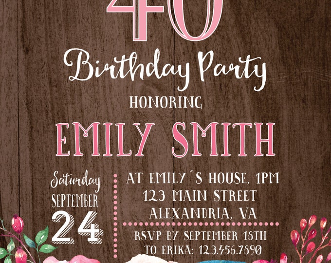 30th birthday invitation. Wood birthday invitation. Rustic woman invite. Watercolor invite. 40th Birthday invitation. Woman invite