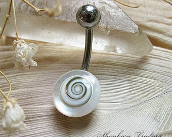 Shiva Eye Belly Bar, Mother of Pearl and Shiva Shell Belly Bar, Naval Piercing, Belly Button Ring, Surgical Steel Belly Button Ring