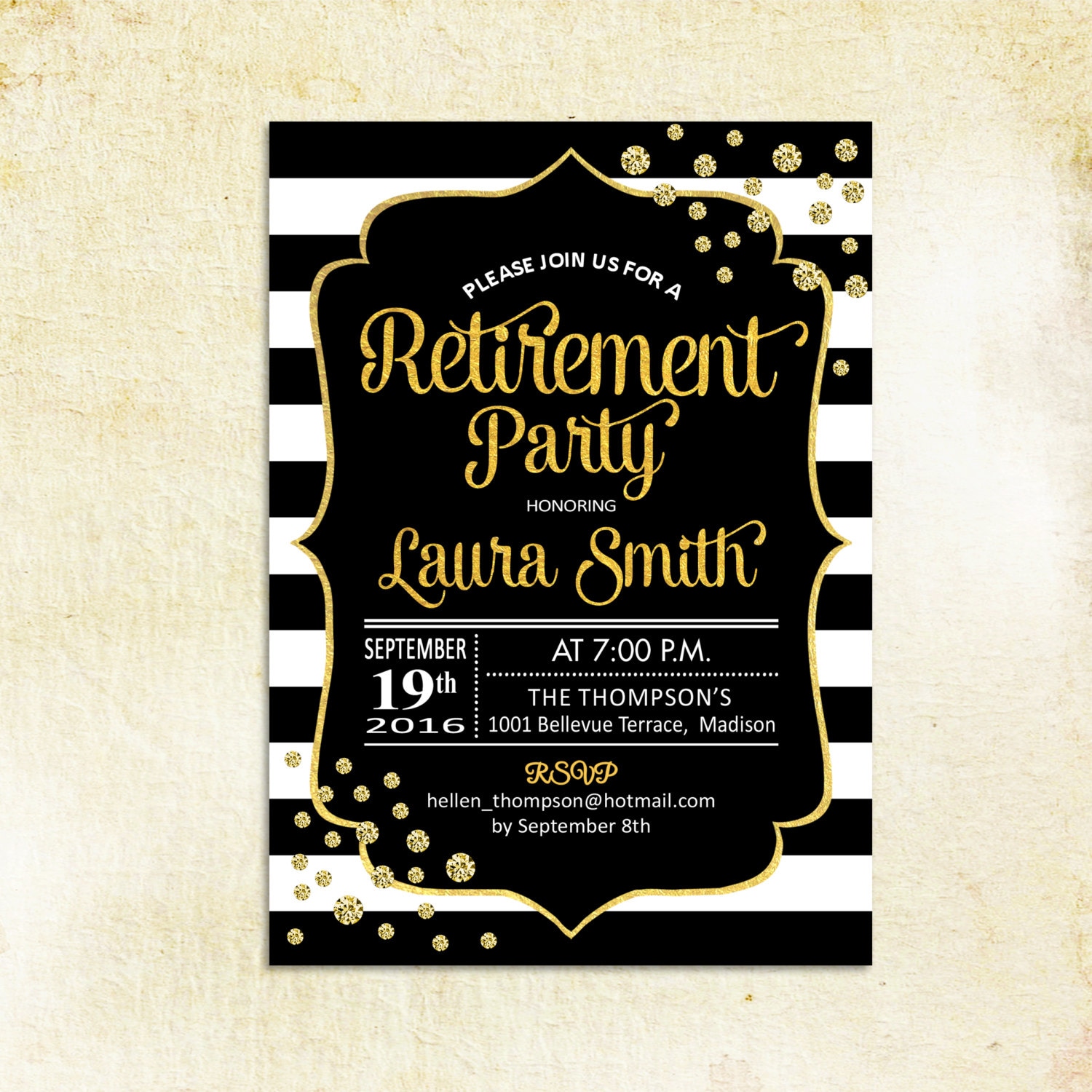 Retirement Party Invitation / Gold Black / Black White Stripes