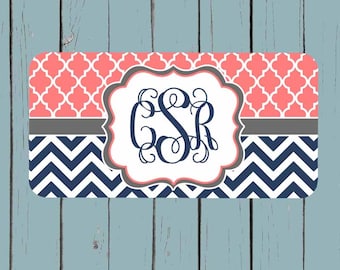 Monogram License Plate - Coral Lattice Navy Chevron License Plate Frame - Personalized License Plate - Car Tag - Front Plate